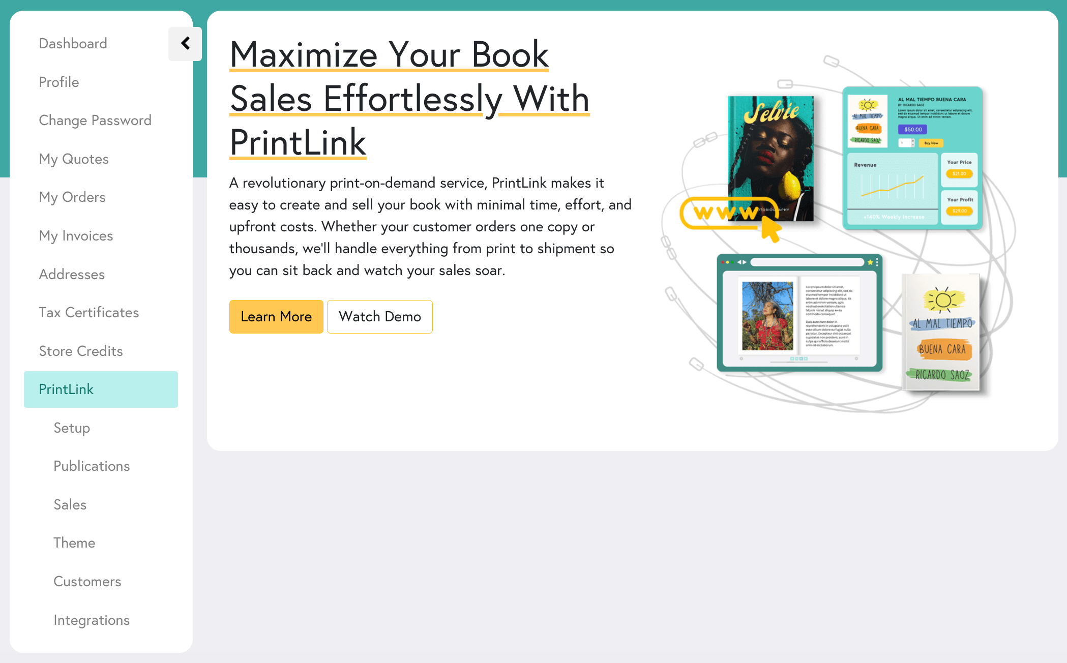 An overview of Mixam's PrintLink tab in a customer's account.