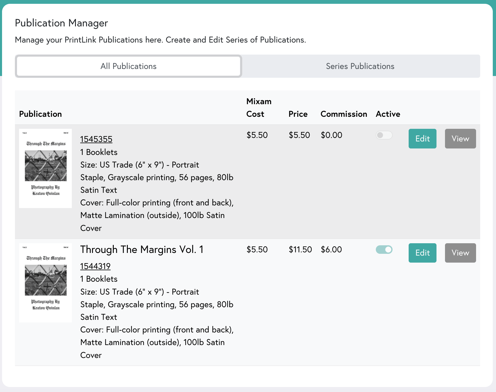 An overview of the All Publications section for Mixam's print-on-demand service, PrintLink.